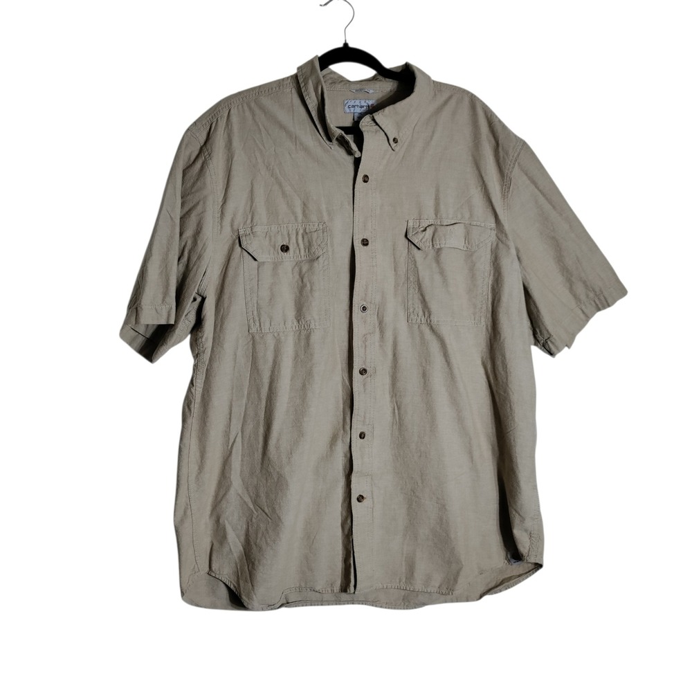 Carhartt Mens 2XL Relaxed Fit Short Sleeve Button Down Shirt Khaki Tan‎ S200 256